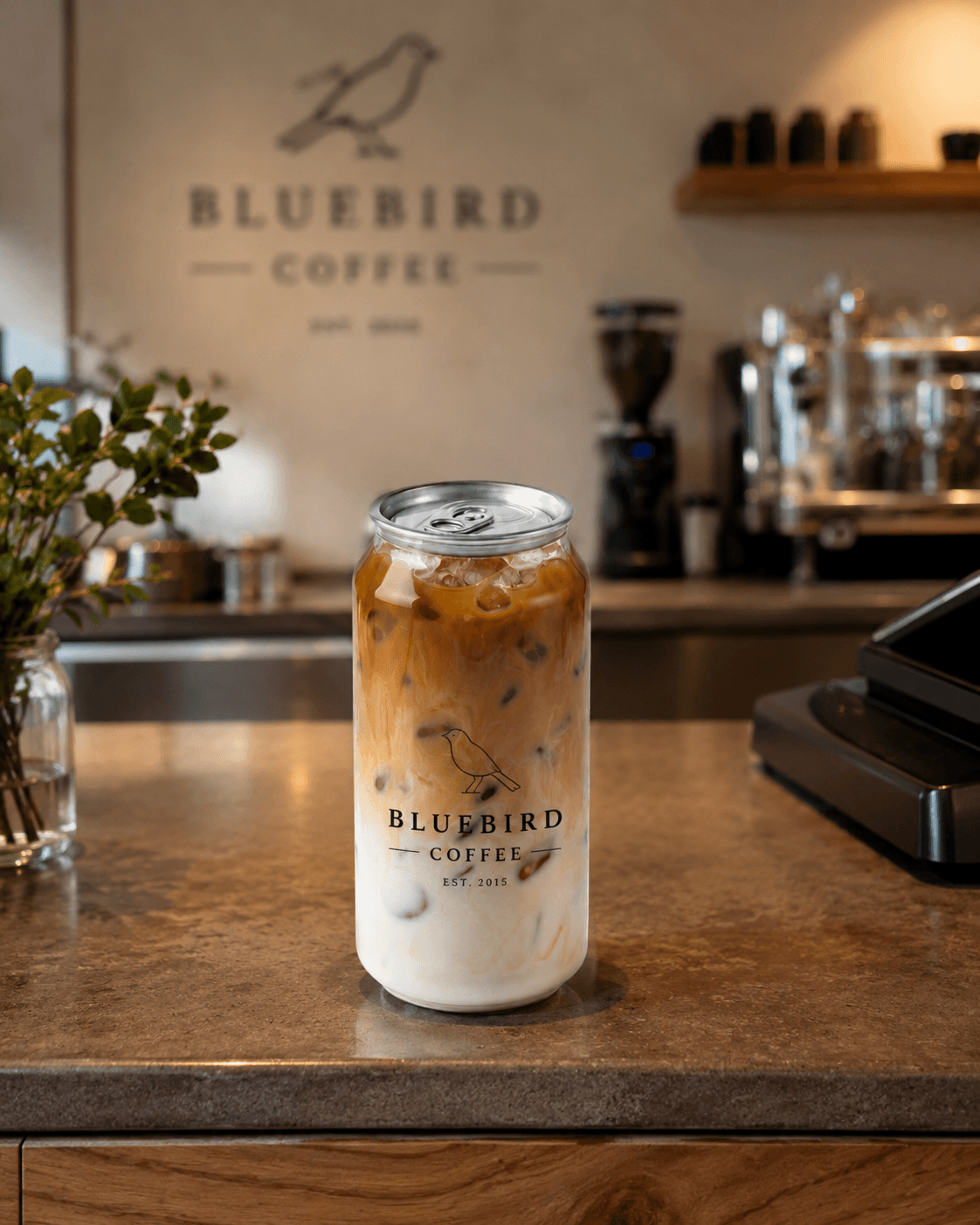 A clear 16oz can with a cafe logo, sitting on a cafe counter
