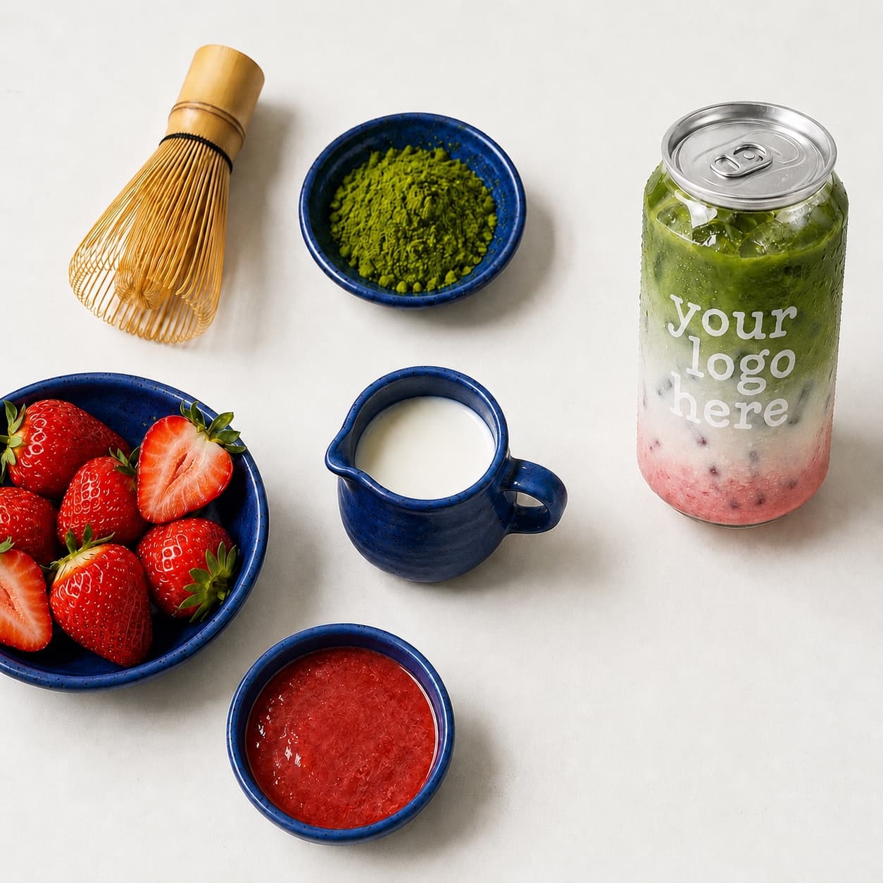 A printed clear can of strawberry matcha next to fresh strawberries and matcha powder