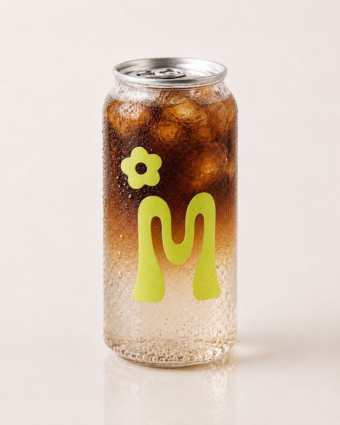 Sealed clear can of cold brew over ice with a lime green monogram printed on it