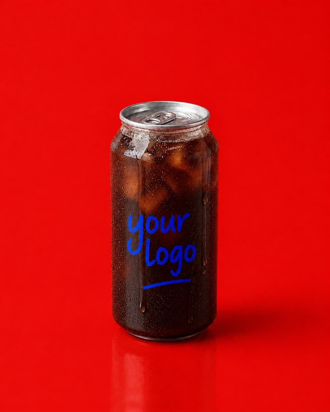 A sealed clear 16oz can of cold brew with a café logo printed on it, on a bright red background