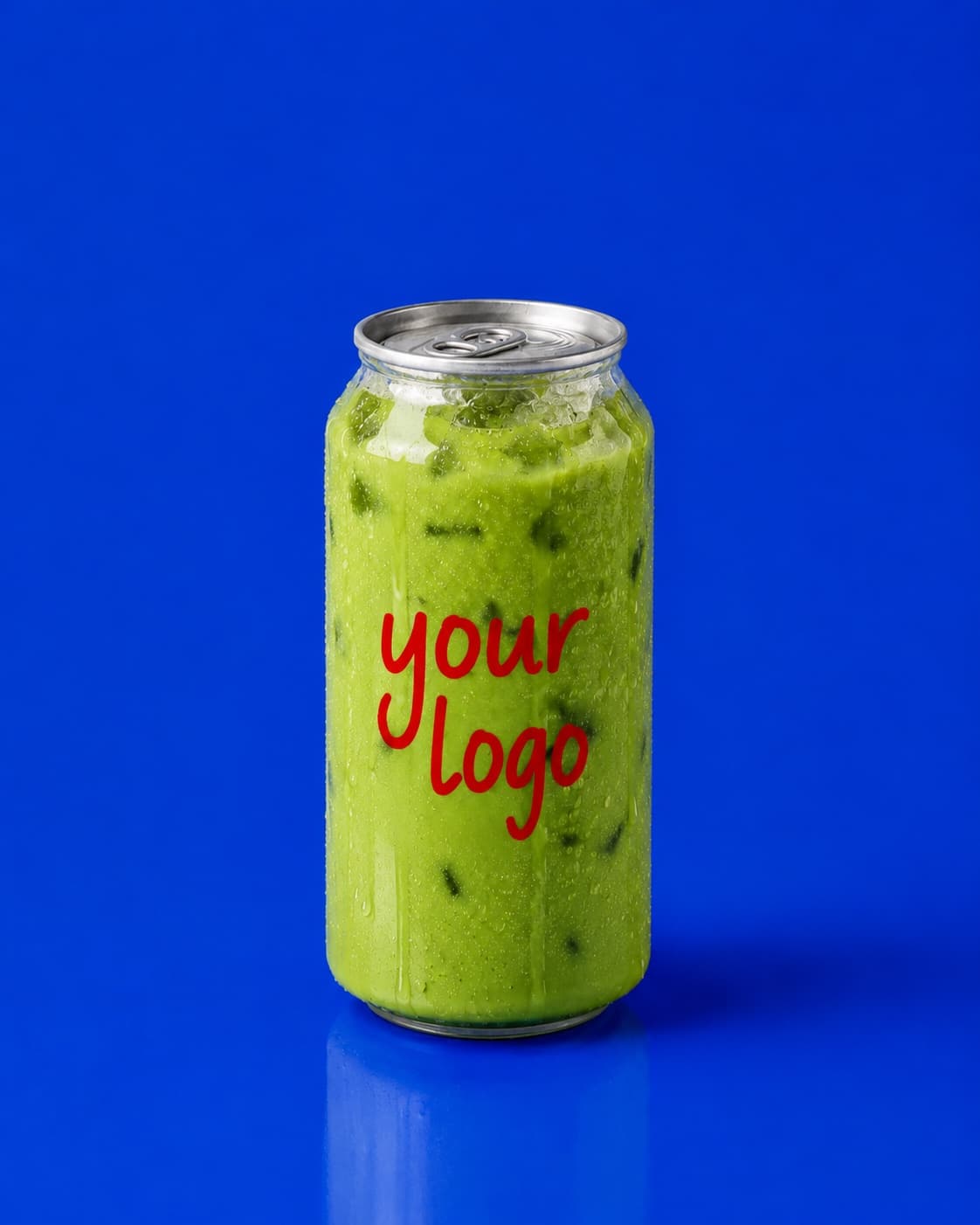 Sealed clear 16oz can of iced matcha with a red logo printed on the front