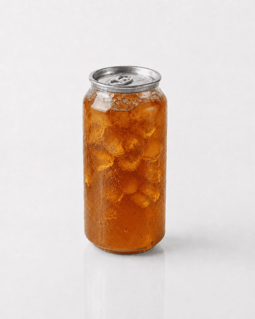 Iced tea over ice in a clear can