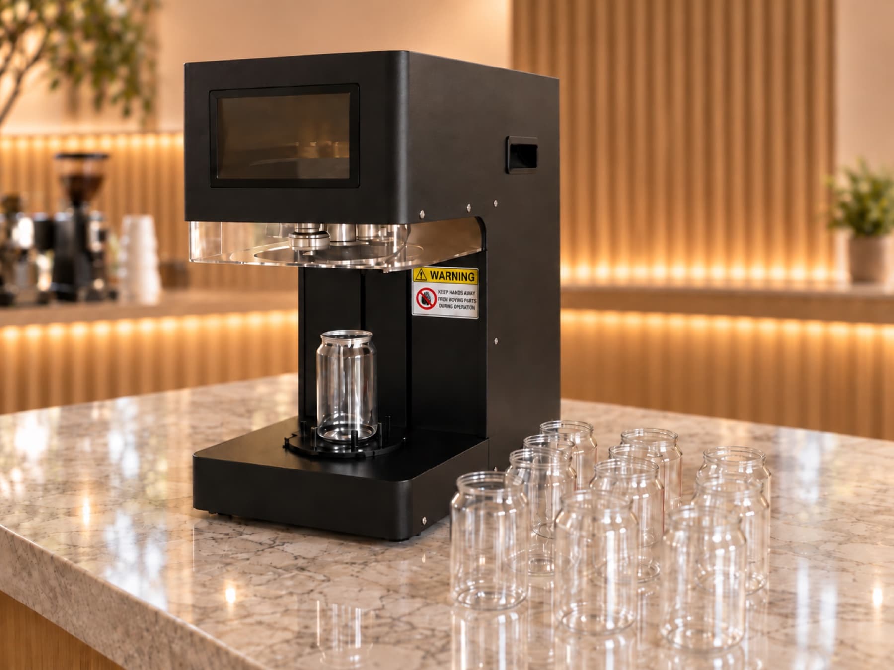 The Canned seamer Pro holding a clear can, with a grid of empty cans on the counter in front