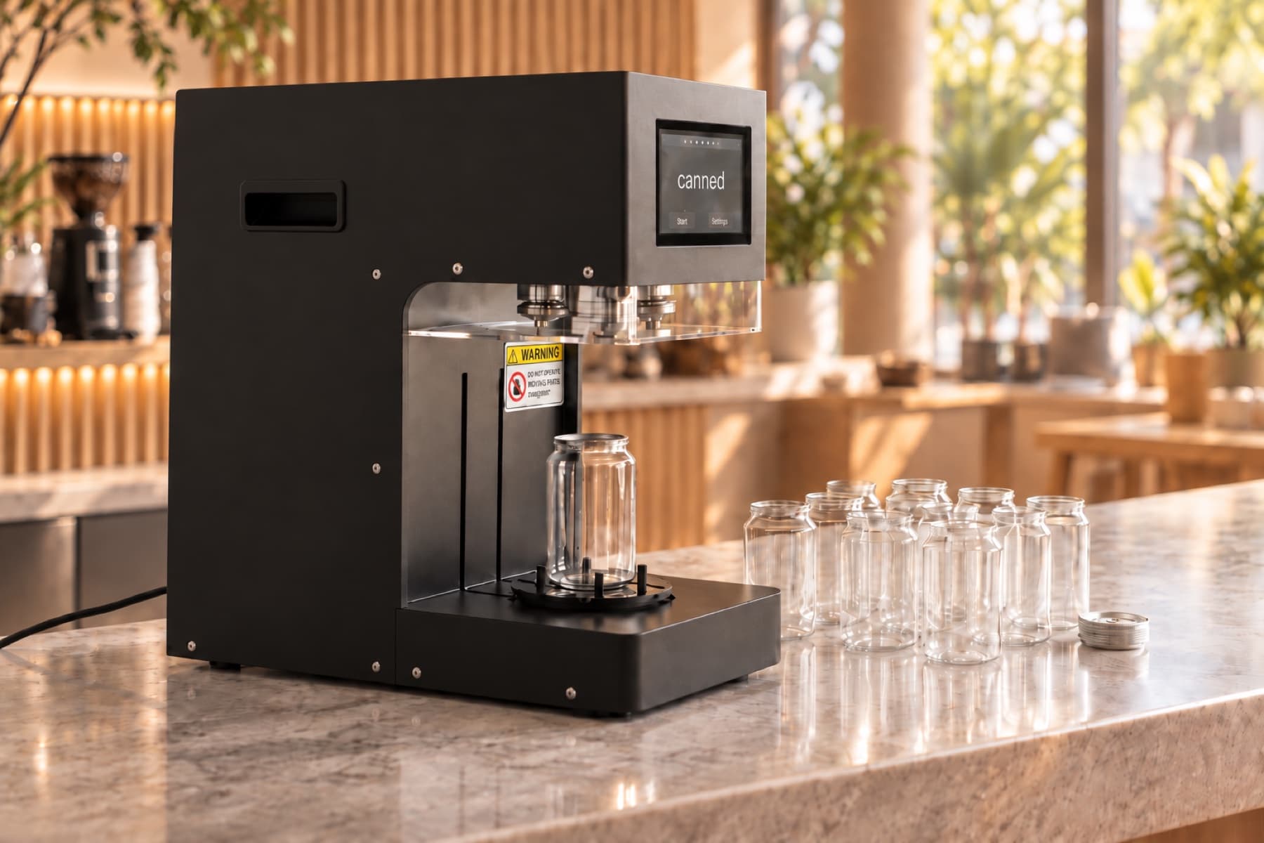 The Canned seamer Pro on a marble café counter beside a row of empty clear cans and a lid