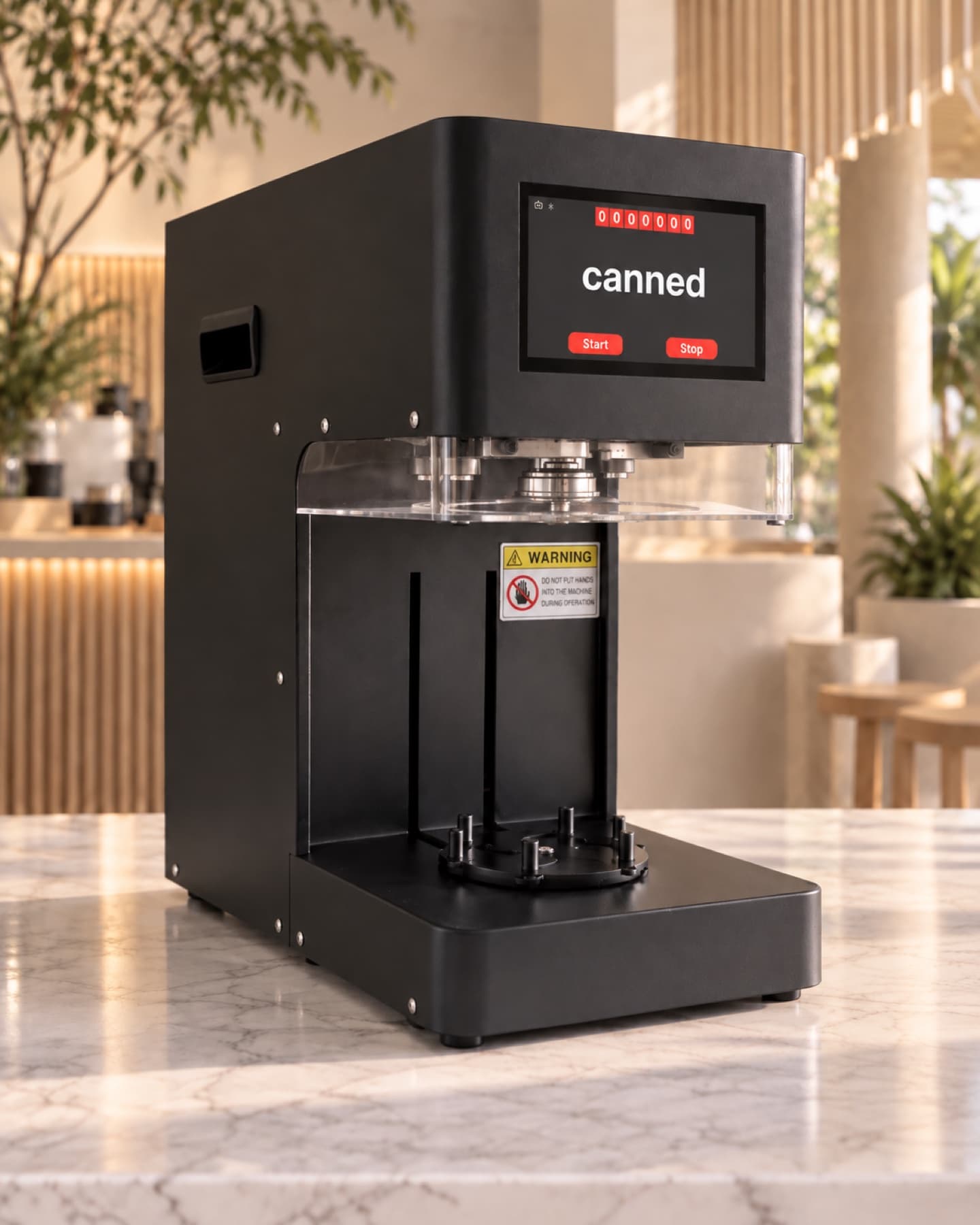 Three-quarter view of the matte black Canned seamer Pro on a café counter