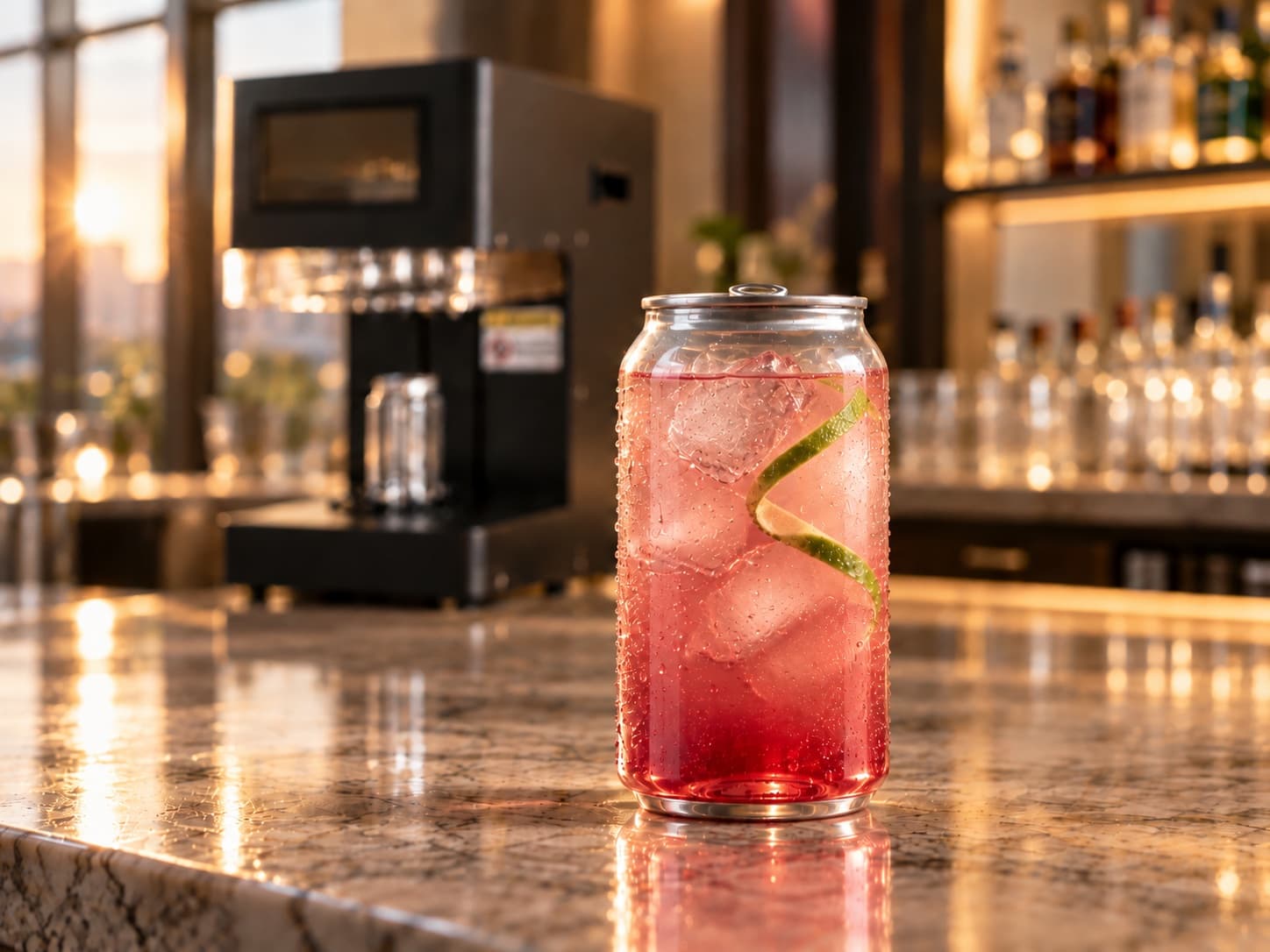 A sealed clear can of raspberry lime drink on a bar counter, with the seamer and back bar behind it