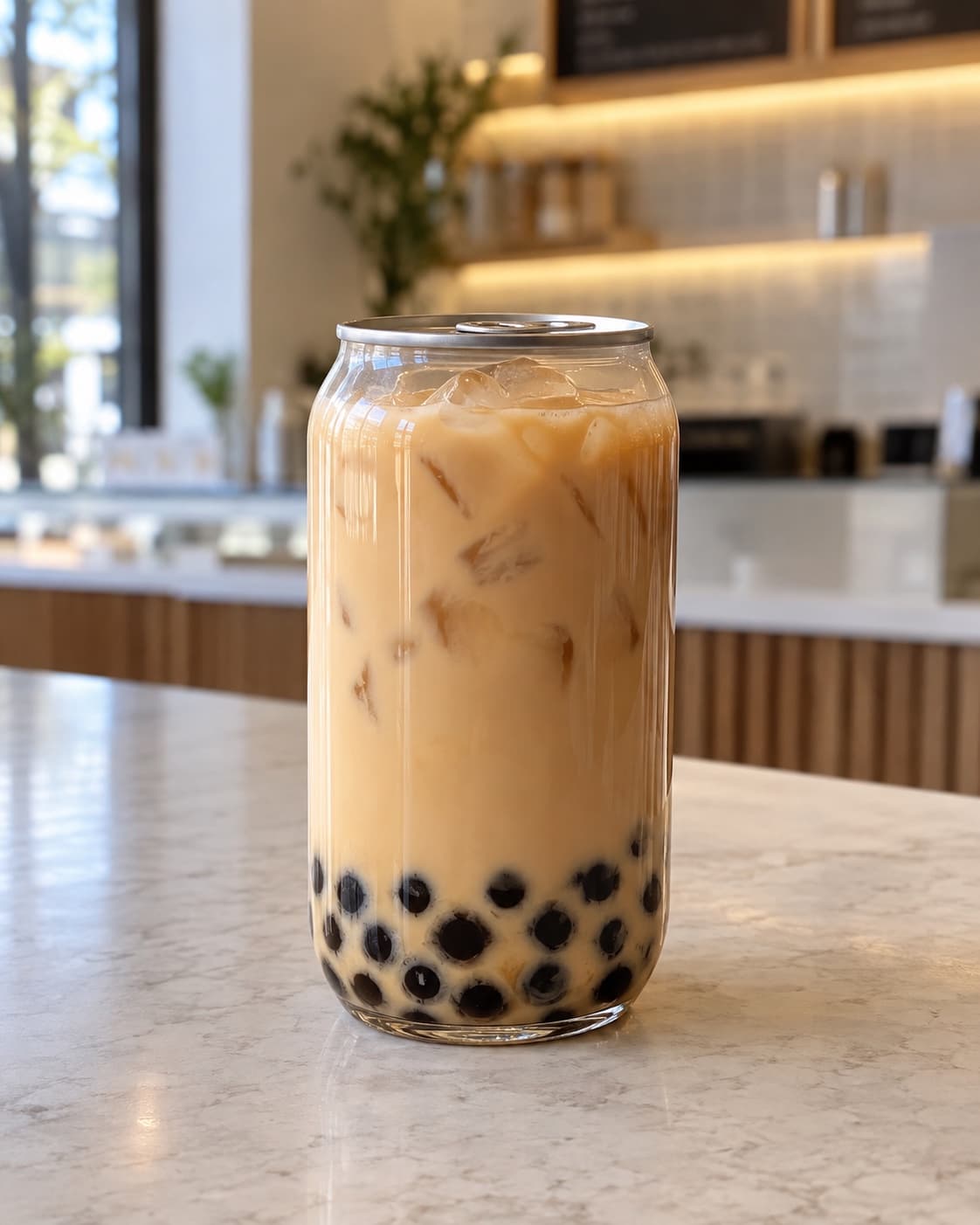 A sealed clear can of milk tea with tapioca pearls on a café counter