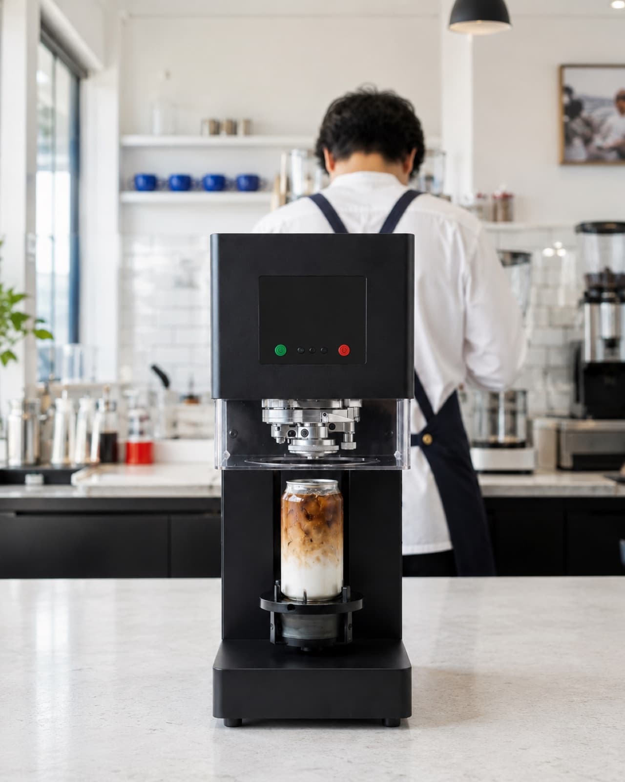 A barista sealing a clear can on a Canned seamer behind a café counter