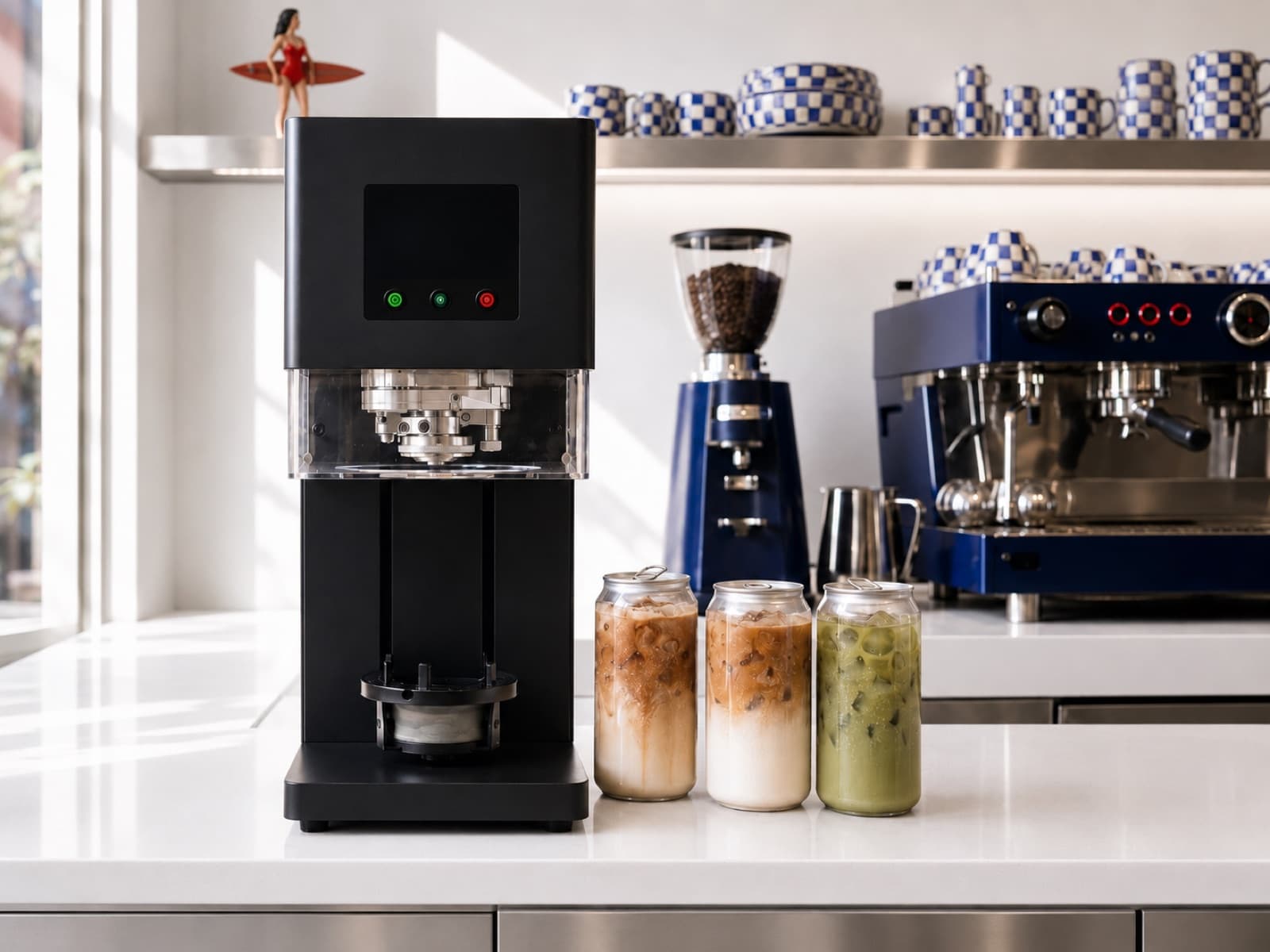 The Canned seamer on a bright cafe counter beside three sealed cans of iced latte, cold brew, and matcha