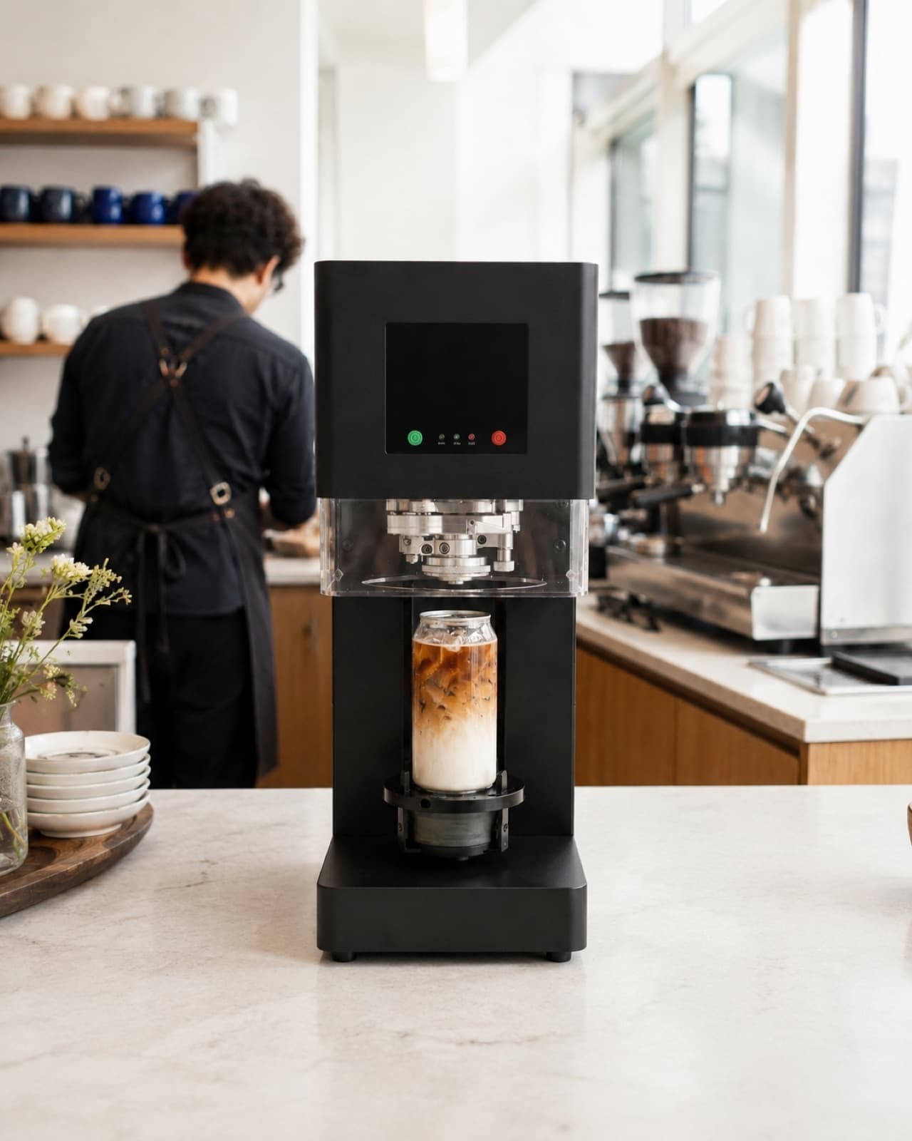 The black Canned seamer sealing an iced latte on a bright cafe bar while a barista works behind it