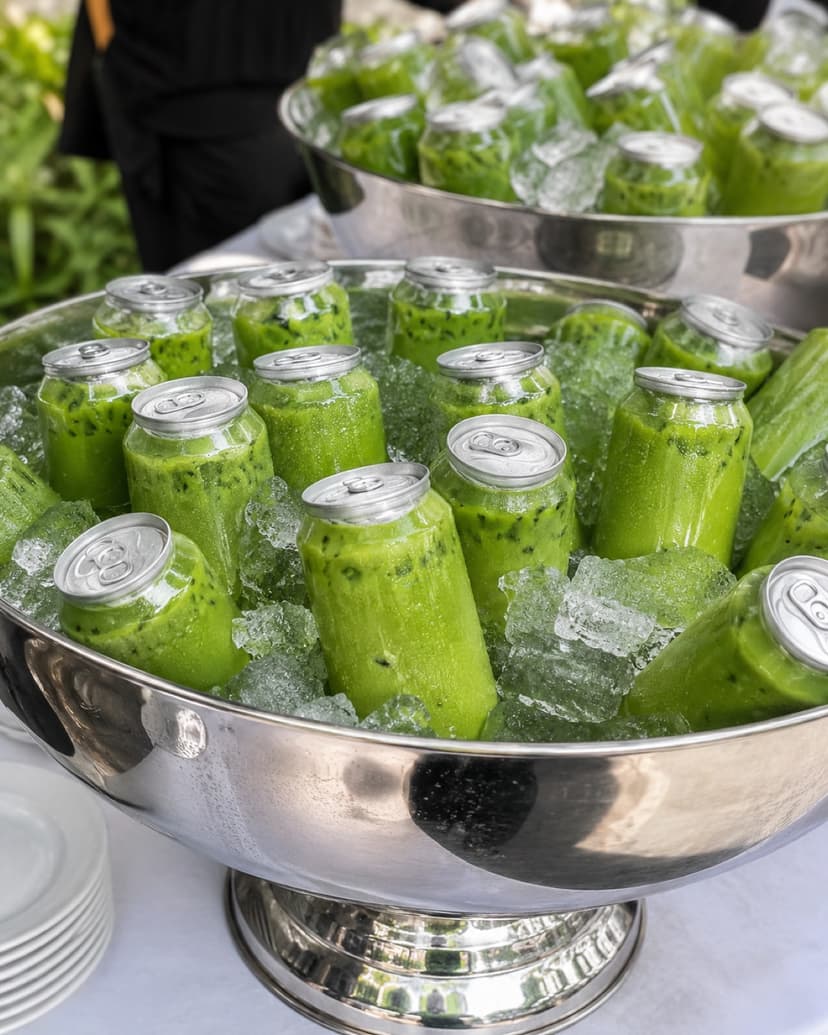 Silver punch bowls filled with ice and clear cans of matcha at a catered event