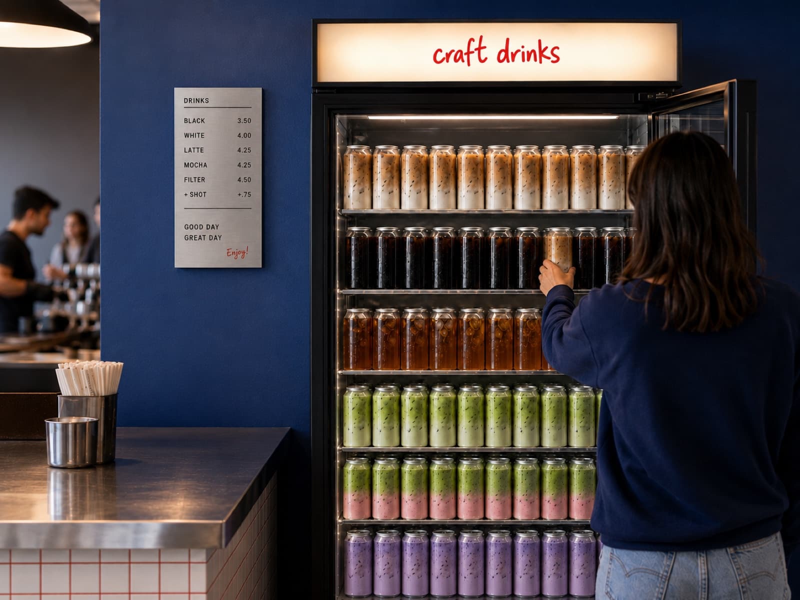 A customer picking a canned drink from a fully stocked cafe fridge