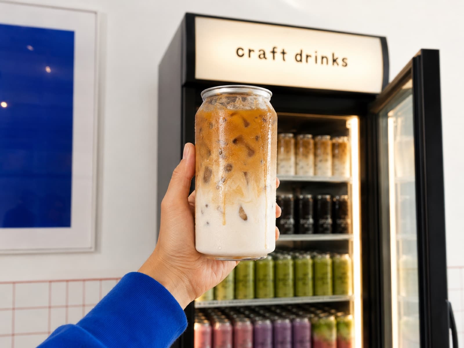 A customer holding a clear canned iced latte in front of a café fridge stocked with canned drinks