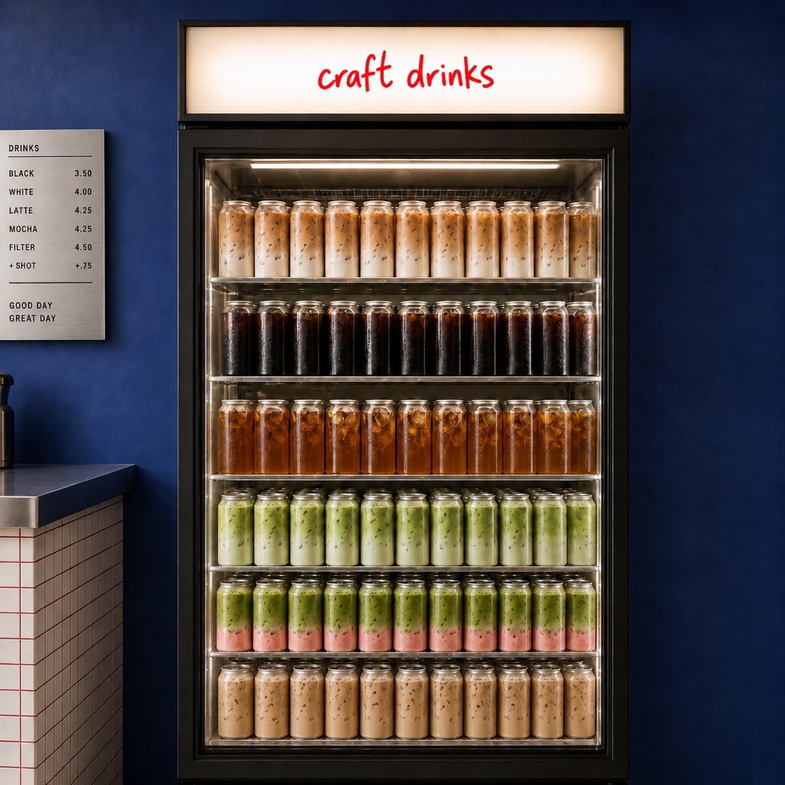 Rows of sealed cold brew, lattes and matcha stocked in a café fridge