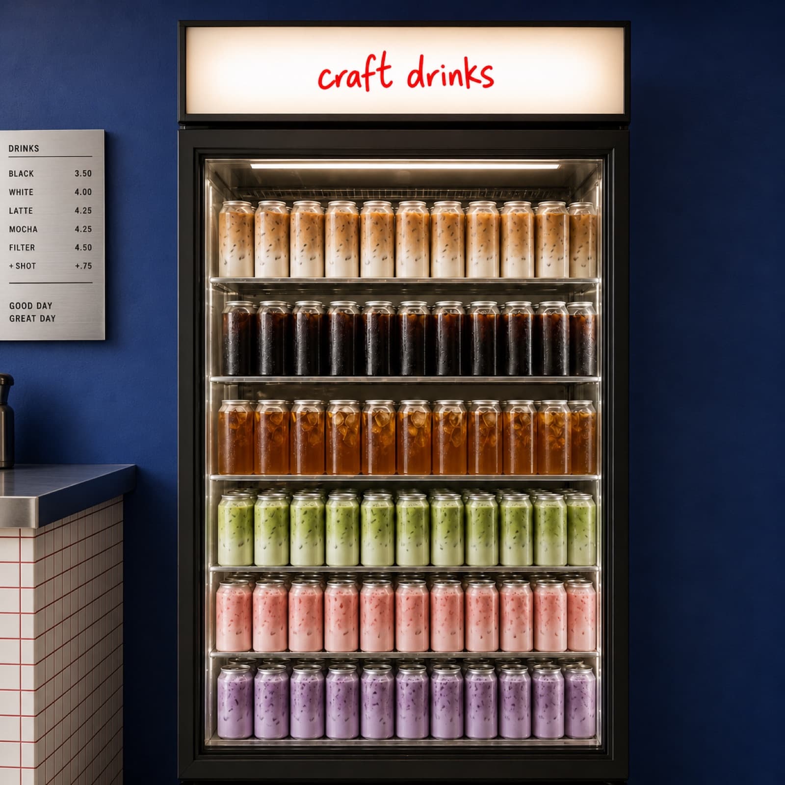 A lit cafe fridge stocked with rows of colorful clear canned drinks