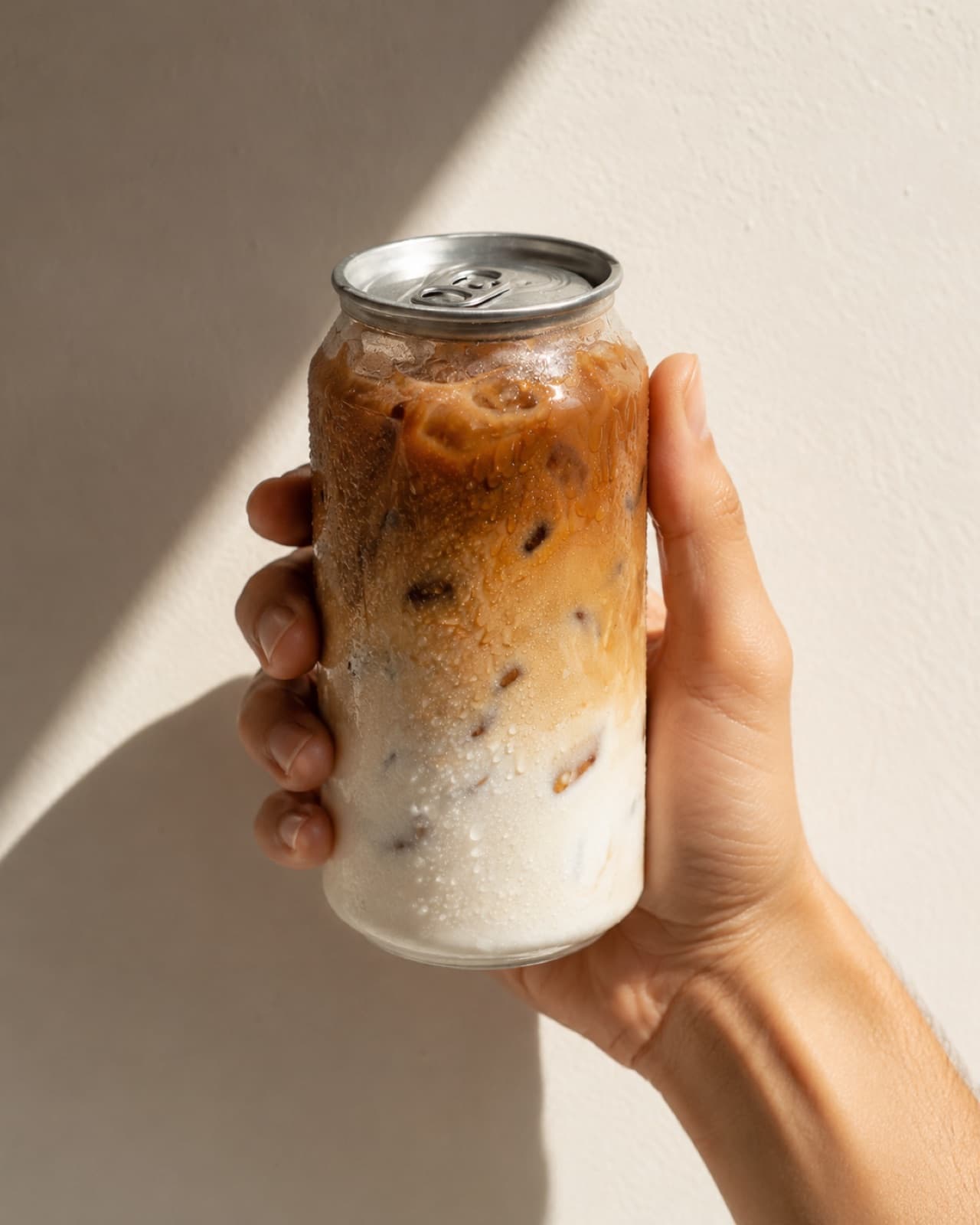 A hand holding a clear canned iced latte in warm sunlight