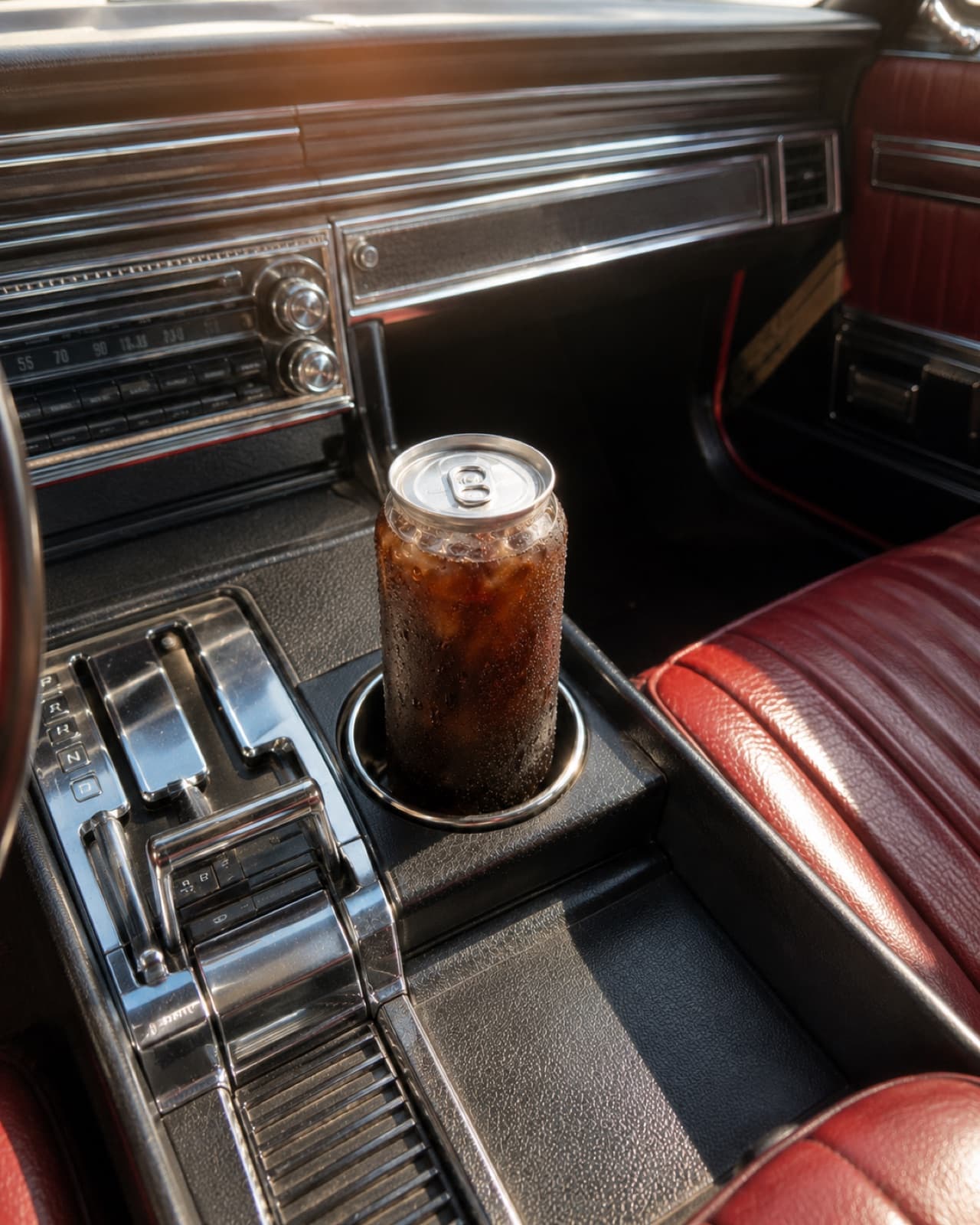 A clear can of cold brew in the cupholder of a vintage car