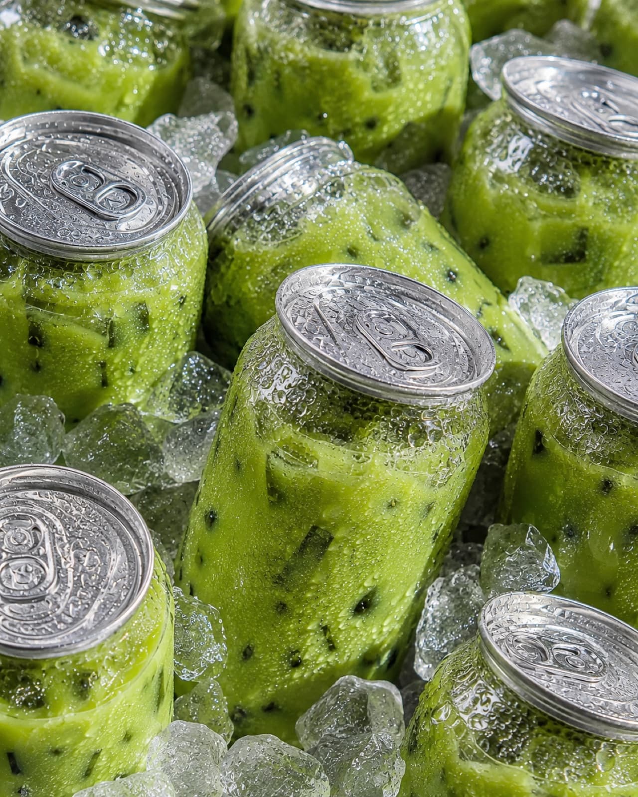 Sealed clear cans of iced matcha stacked on crushed ice