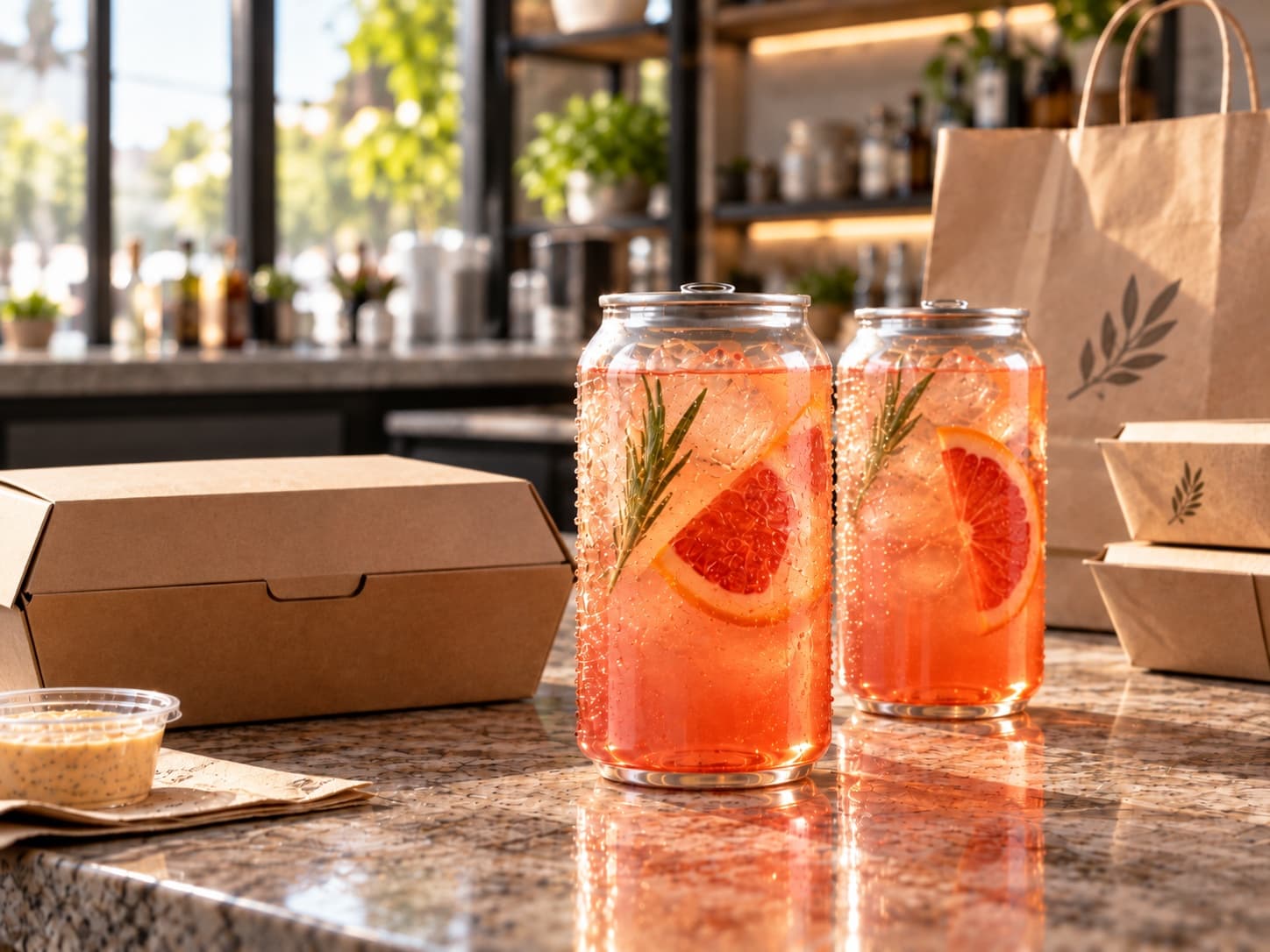 Sealed grapefruit drinks packed beside a takeout order