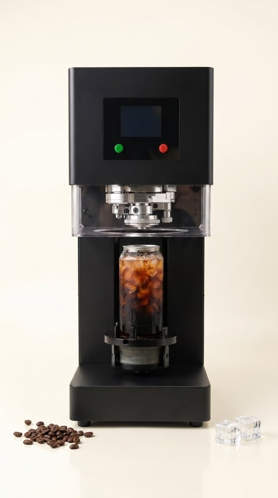 The seamer sealing a can of cold brew over ice