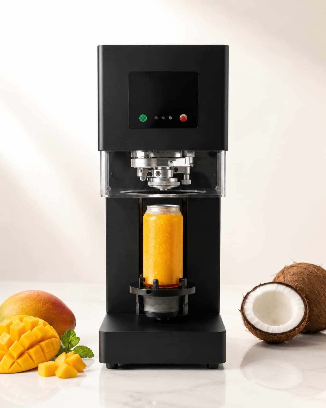 The seamer sealing a can of mango smoothie