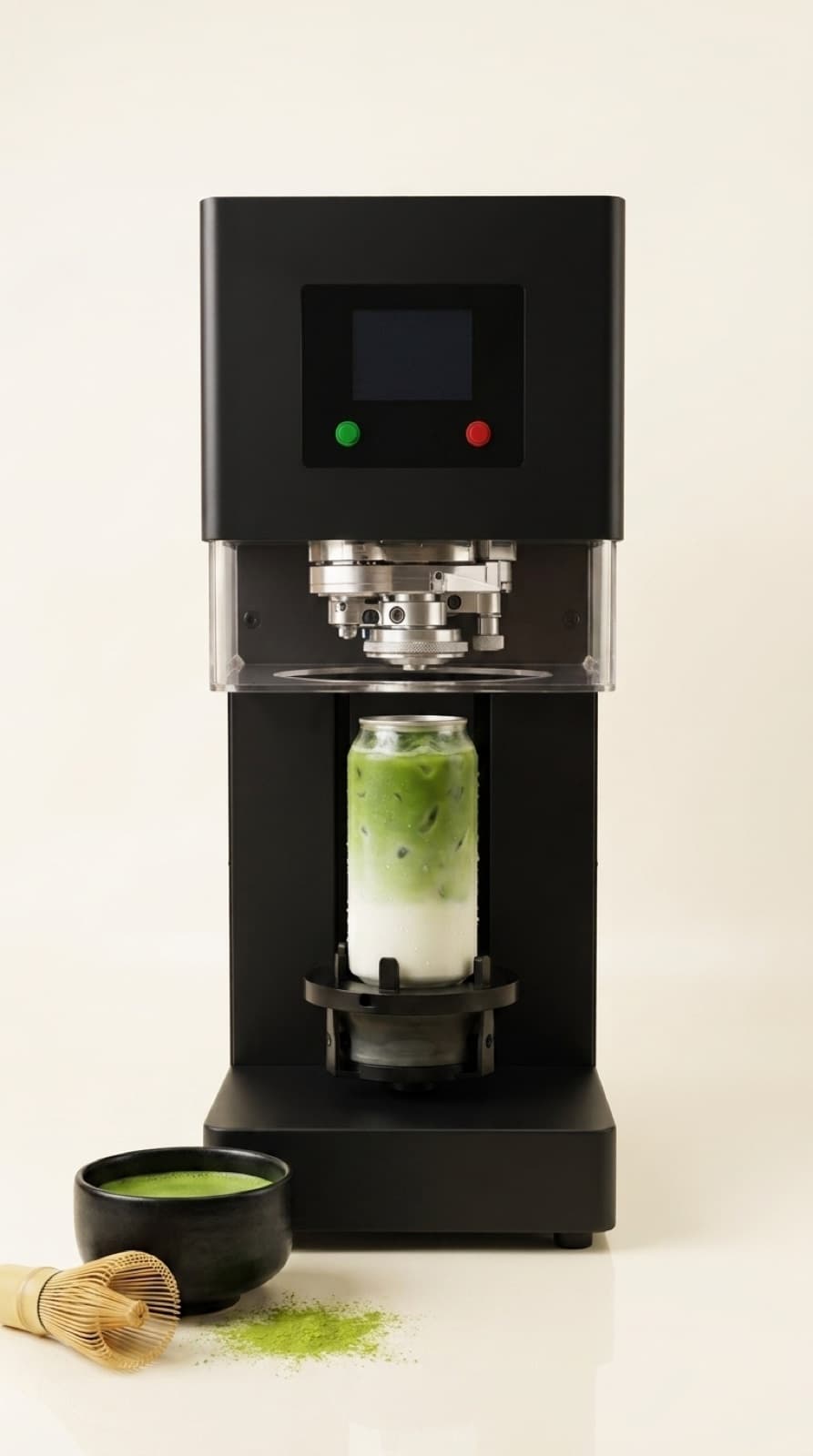 The seamer sealing a can of iced matcha latte