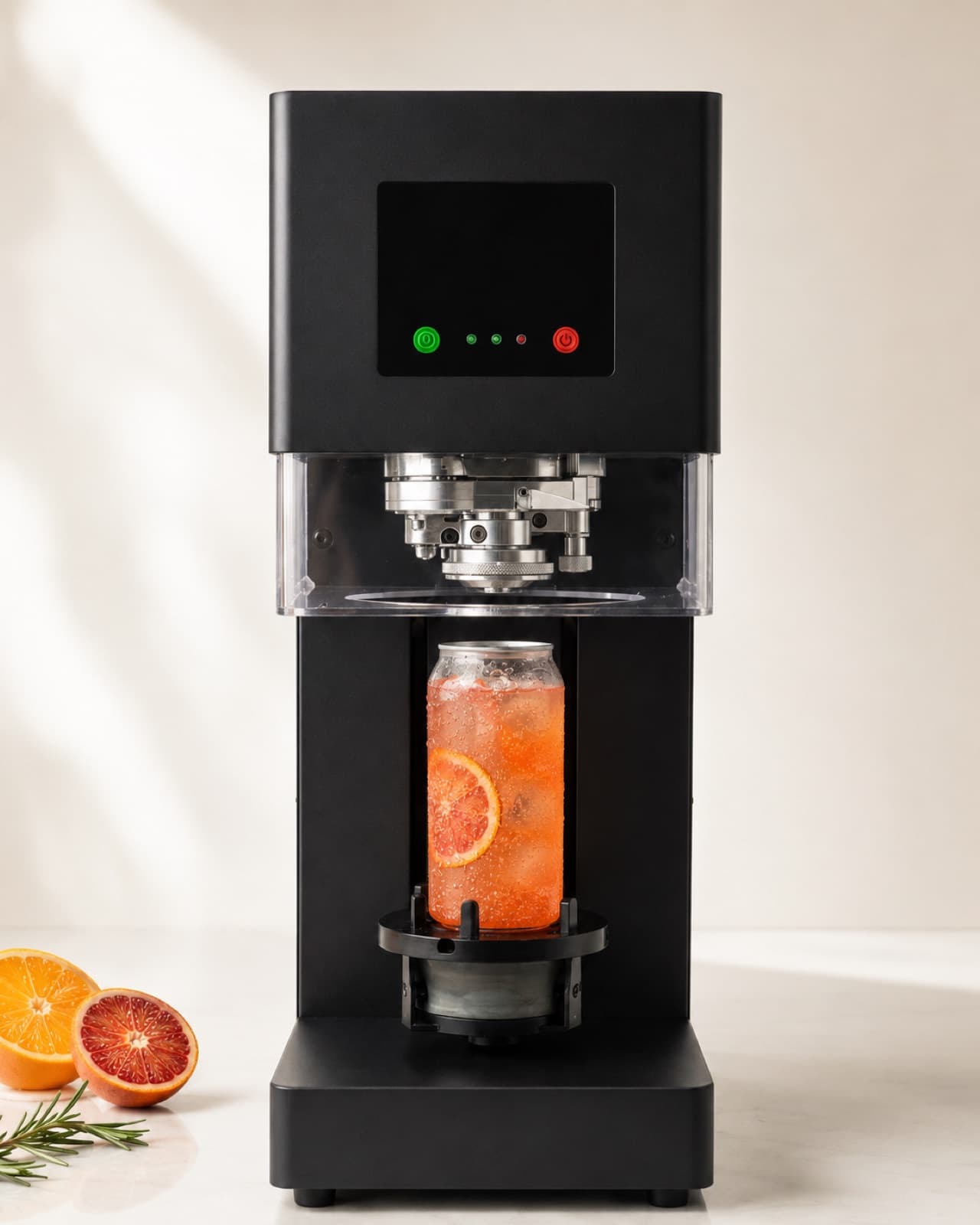 The seamer sealing a can of blood orange refresher