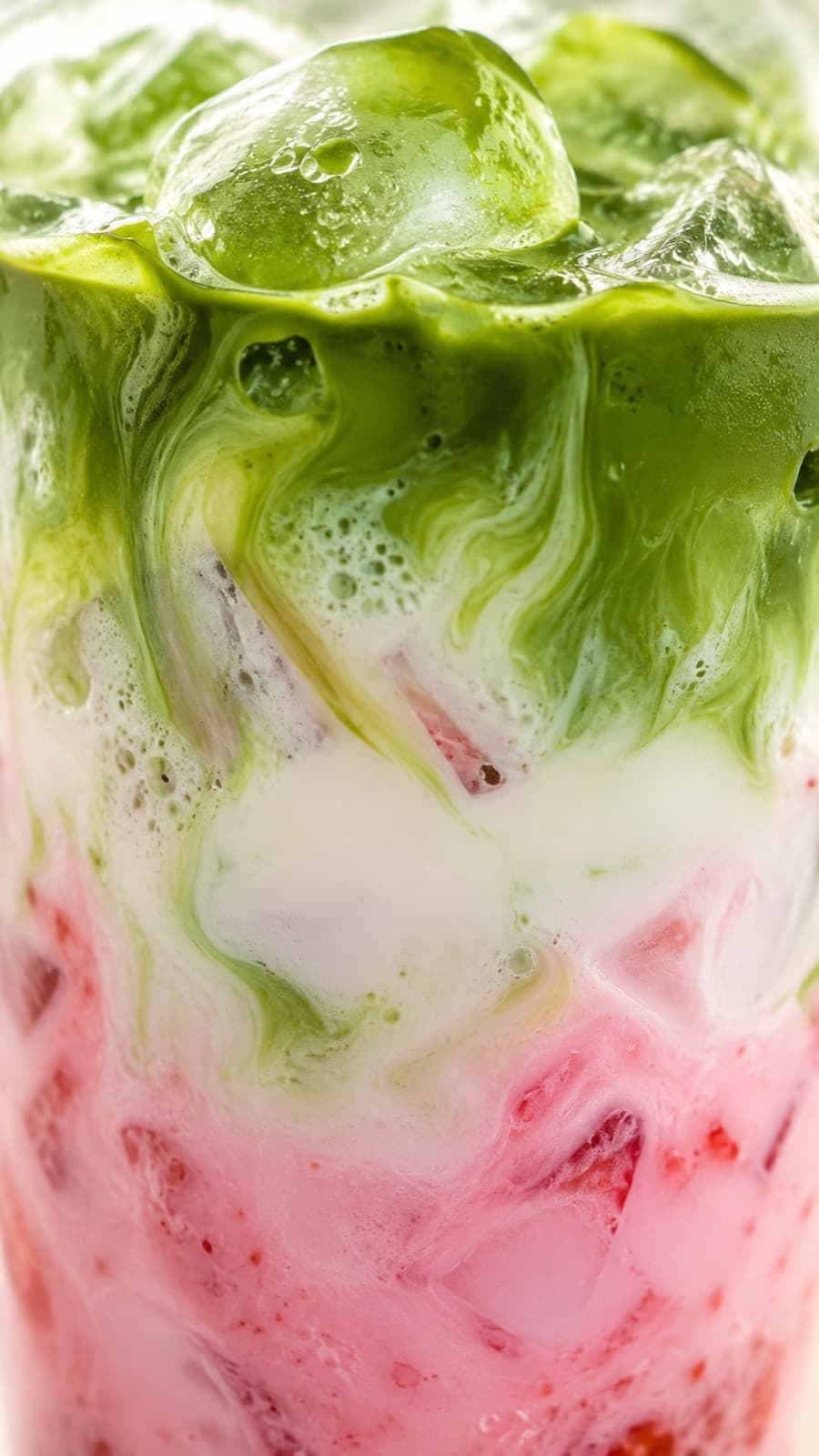 Strawberry matcha latte layers, macro shot