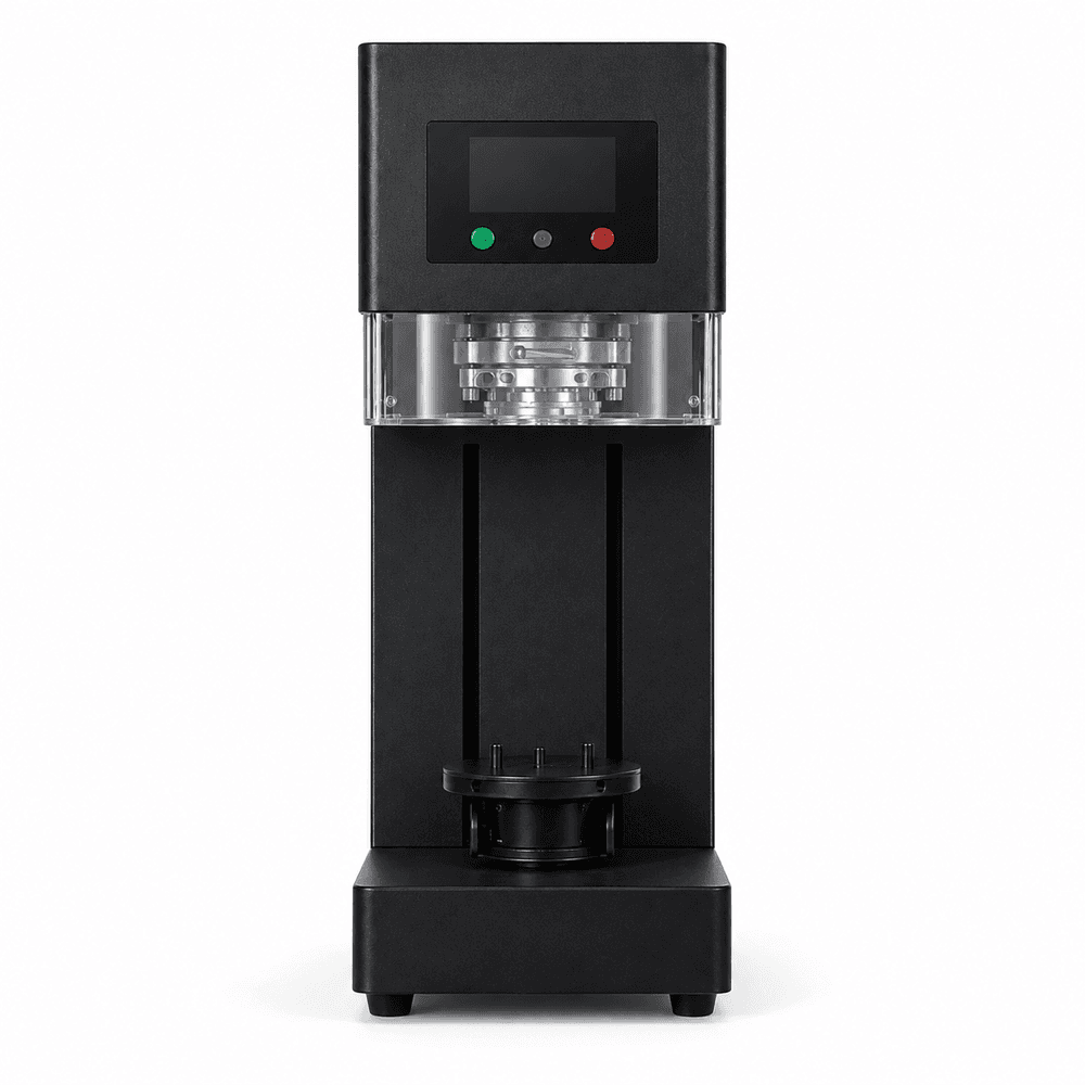 Studio photo of the Canned seamer on a white background: black tabletop automatic model with a button panel and a clear seaming chamber