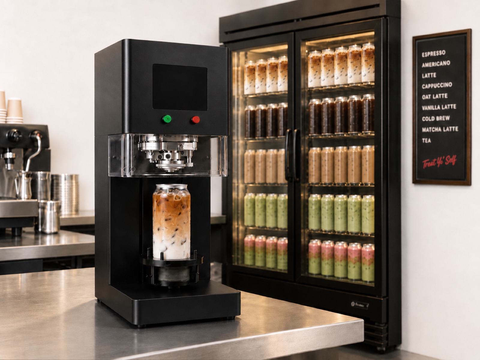 The Canned seamer sealing an iced latte beside a cafe fridge fully stocked with colorful canned drinks